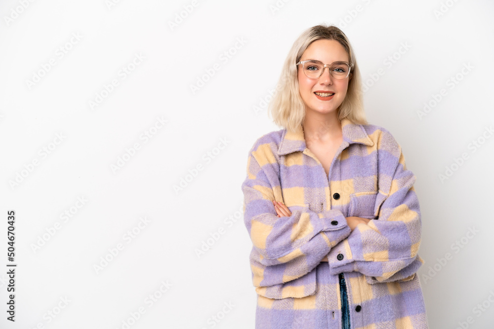 Young caucasian woman isolated on white background keeping the arms crossed in frontal position Young caucasian woman isolated on white background keeping the arms crossed in frontal position
