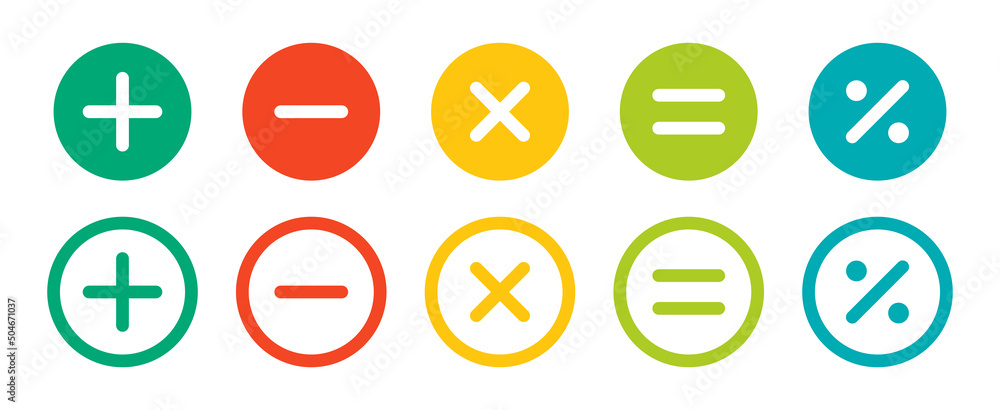 Plus, minus, multiply, equal and divide sign icon set. Math sign vector illustration. - obrazy, fototapety, plakaty 