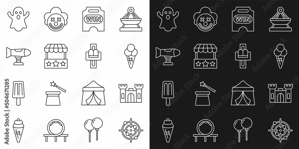Set line Target sport, Castle, Ice cream in waffle cone, Circus ticket, Ticket box office, Swing plane, Ghost and Attraction carousel icon. Vector Set line Target sport, Castle, Ice cream in waffle cone, Circus ticket, Ticket box office, Swing plane, Ghost and Attraction carousel icon. Vector