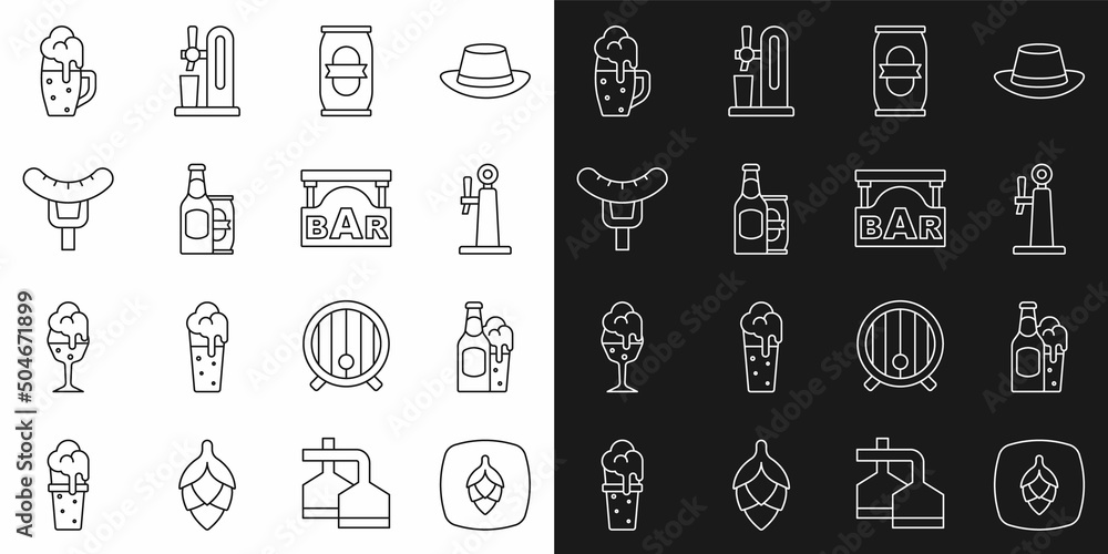 Set line Hop, Beer bottle and glass, tap, can, beer, Sausage on the fork, Glass of and Street signboard with Bar icon. Vector
