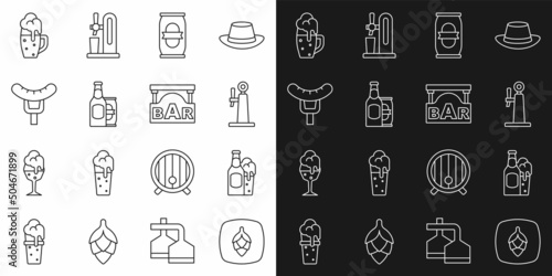 Set line Hop, Beer bottle and glass, tap, can, beer, Sausage on the fork, Glass of and Street signboard with Bar icon. Vector