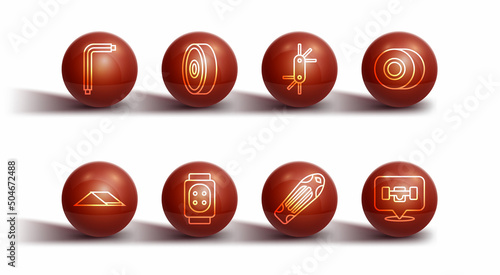 Set line Tool allen keys, Skate park, Skateboard wheel, deck, Knee pads, ball bearing, and icon. Vector