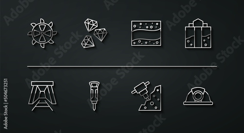 Set line Bucket wheel excavator, Mine entrance, Construction jackhammer, Gem stone, Miner helmet and Gold mine icon. Vector