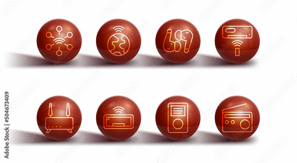 Set line Network, Router and wi-fi signal, Air conditioner, Music player, Computer keyboard, Global technology, Radio and headphones icon. Vector Set line Network, Router and wi-fi signal, Air conditioner, Music player, Computer keyboard, Global technology, Radio and headphones icon. Vector