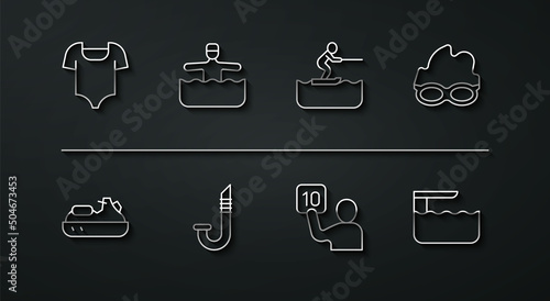 Set line Swimsuit, Jet ski, Glasses for swimming, Assessment of judges, Snorkel, Water gymnastics, Diving board springboard and skiing man icon. Vector