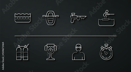 Set line Swimming pool, Aqualung, Water skiing man, Swimmer, Award cup, Boat with oars, Stopwatch and Fishing harpoon icon. Vector