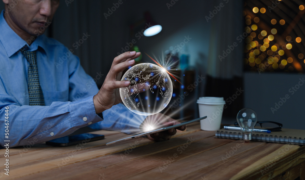 Businessman holding illuminated lightbulb, idea, Innovation and inspiration with glowing virtual brain, smart intelligent creativity with bulbs, Motivation and innovation concept.