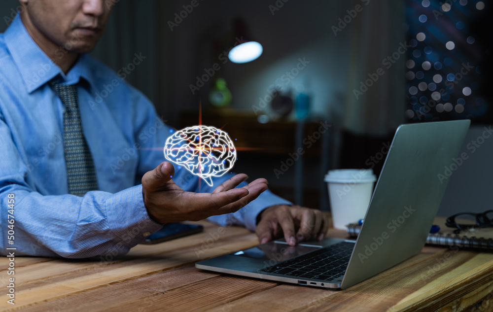 Businessman holding illuminated lightbulb, idea, Innovation and inspiration with glowing virtual brain, smart intelligent creativity with bulbs, Motivation and innovation concept.
