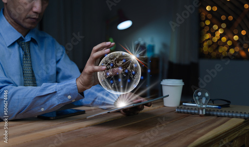 Obraz na płótnie Businessman holding illuminated lightbulb, idea, Innovation and inspiration with glowing virtual brain, smart intelligent creativity with bulbs, Motivation and innovation concept. w salonie