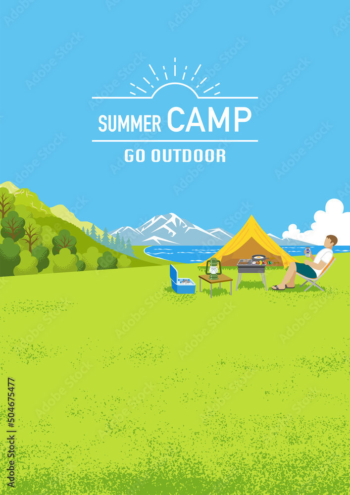Young man enjoying camp in summer nature - Vertical, Included words - obrazy, fototapety, plakaty 