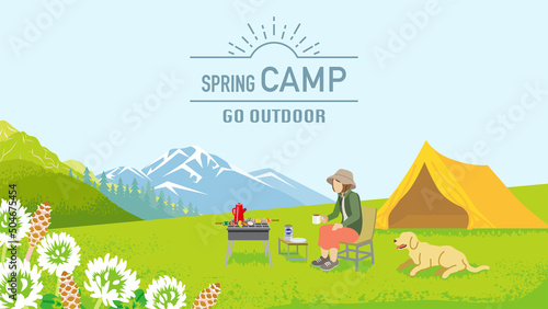 Young woman and her dog enjoying camp in spring nature - Included words