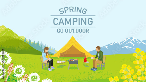 Billede på lærred Young family enjoying camp in spring nature - Included words