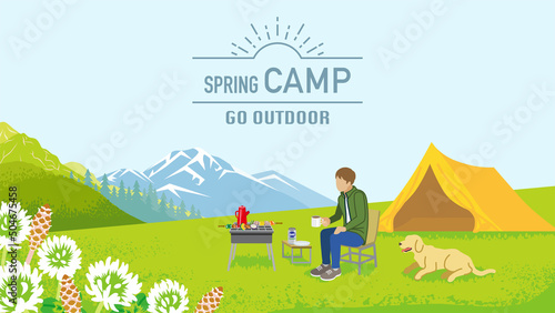 Young man and his dog enjoying camp in spring nature - Included words