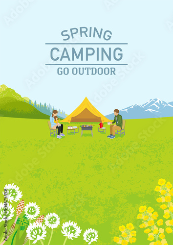 Young family enjoying camp in spring nature - Vertical, Included words