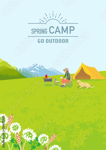 Young woman and her dog enjoying camp in spring nature - Vertical, Included words