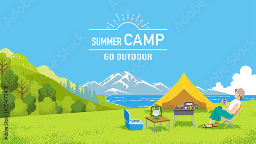 Young woman enjoying camp in summer nature - Included words