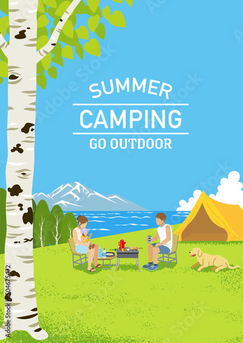 Young family and their dog enjoying camp in summer nature - Vertical, Included words