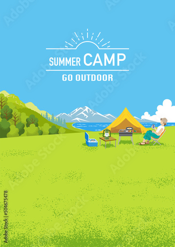 Young woman enjoying camp in summer nature - Vertical, Included words