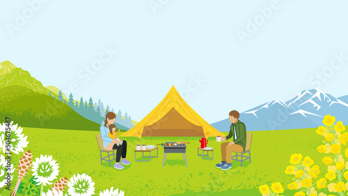 Young family enjoying camp in spring nature