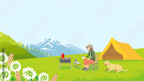 Young woman and her dog enjoying camp in spring nature