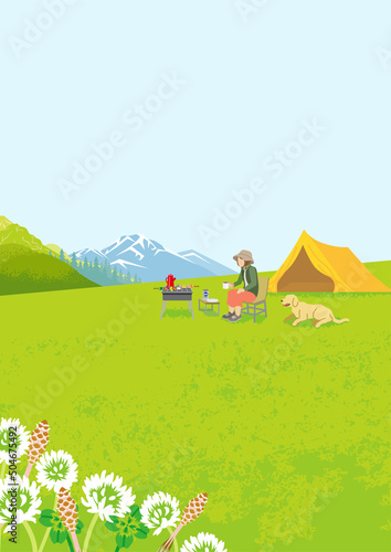 Young woman and her dog enjoying camp in spring nature - Vertical