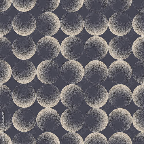 Different Spheres Cool Seamless Pattern Vector Design Trendy Abstract Background. Various Circles Geometric Grid Structure Repetitive Gray Stylish Wallpaper. Retro Stipple 3D Balls Art Illustration
