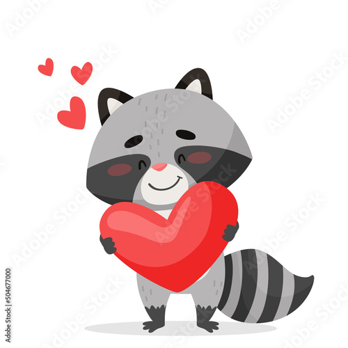 A raccoon hugs a heart and around small hearts. Drawn in cartoon style. Vector illustration for designs, prints and patterns. Isolated on white background