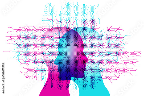 A male and female side silhouette positioned face to face, overlaid with a white single Computer Chip detail and numerous circuit board electronic details. photo