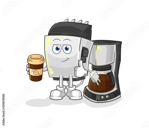 hair clipper drinking coffee illustration. character vector