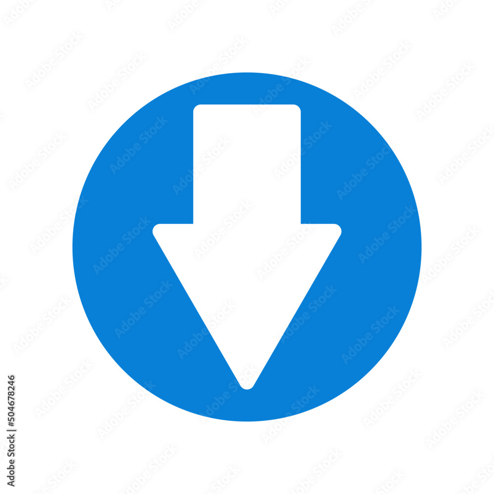 Down direction blue arrow in round industrial sign, navigation label vector Down direction blue arrow in round industrial sign, navigation label vector