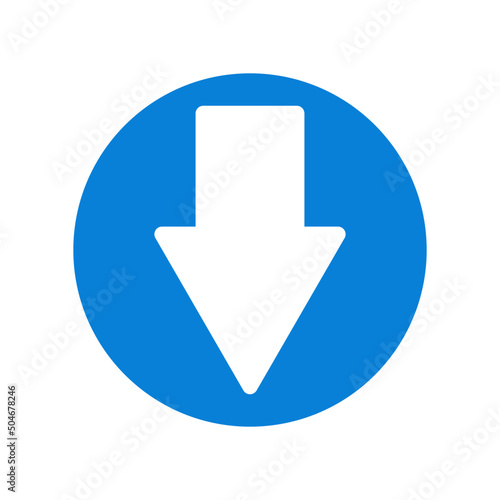 Down direction blue arrow in round industrial sign, navigation label vector