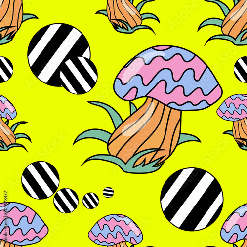 Psychedelic vintage pattern in the style of good vibes of the 1970s.retro illustration of mushrooms.