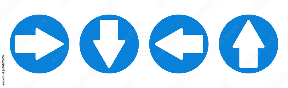 Right, left, up, down. set of four directional arrow blue round sign vector Right, left, up, down. set of four directional arrow blue round sign vector