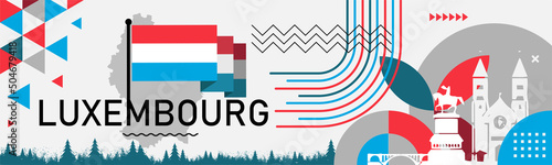Luxembourg national day banner with Luxembourger map, flag colors theme background and geometric abstract retro modern red white blue design. Luxembourg city landmarks Vector Illustration. photo