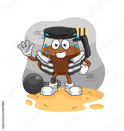 coffee machine criminal in jail. cartoon character