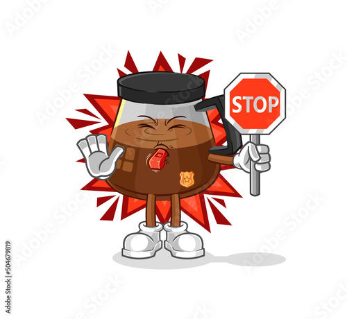 coffee machine holding stop sign. cartoon mascot vector