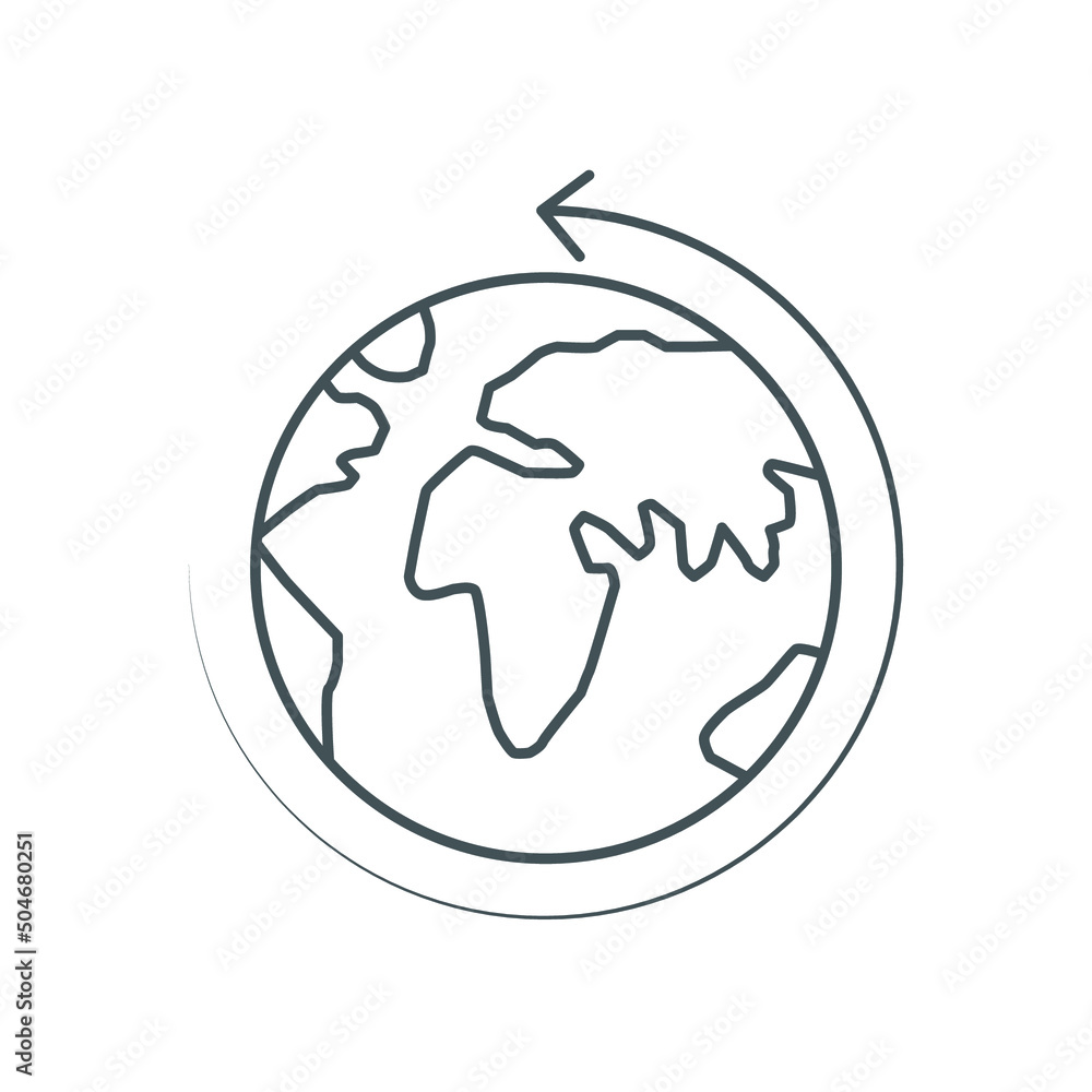 Earth globe icon. Simple outline style. Around planet with arrow. Thin line symbol. Vector illustration isolated on white background. EPS 10. Earth globe icon. Simple outline style. Around planet with arrow. Thin line symbol. Vector illustration isolated on white background. EPS 10.