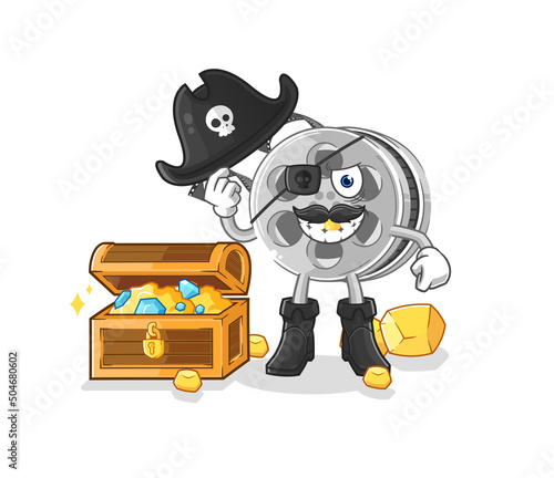 film reel pirate with treasure mascot. cartoon vector