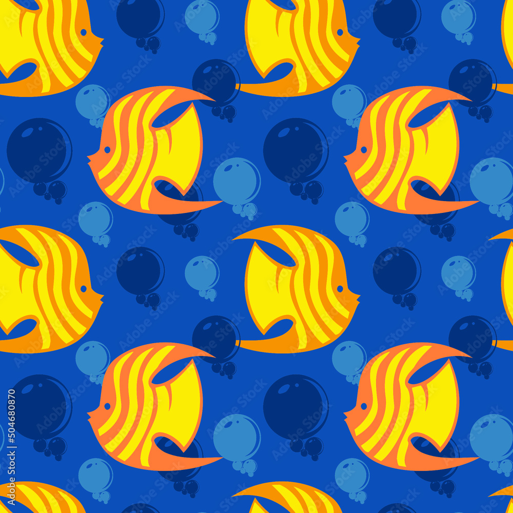 Naklejka premium Yellow fish on blue sea background, seamless pattern, texture for fabric design, wallpaper and tile, vector illustration