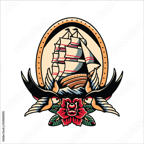 ship and swallows tattoo vector design 