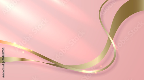 Abstract 3D shiny golden ribbon wave lines elements with glowing light on pink background luxury style.