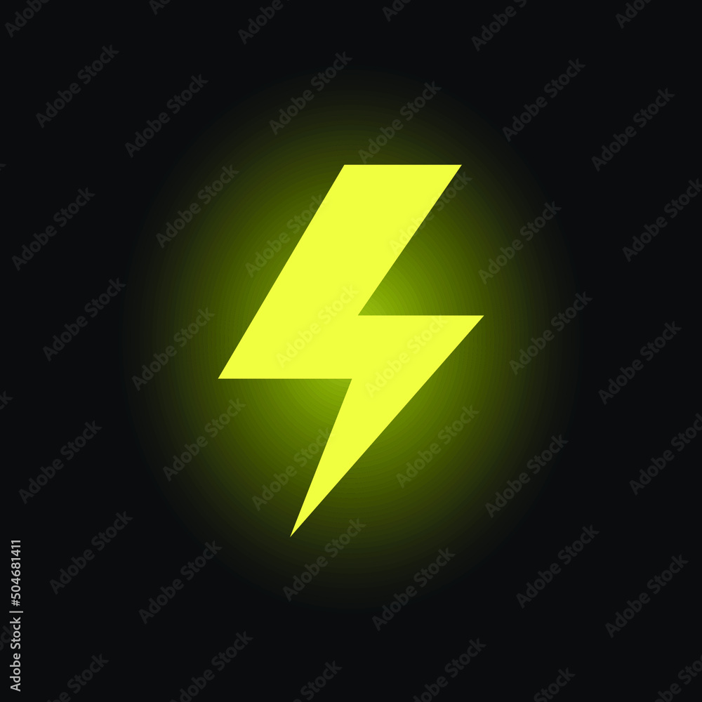 Lightning bolt thunder icon. Power energy battery concept. Glowing yellow on black background. Vector illustration isolated. EPS 10.