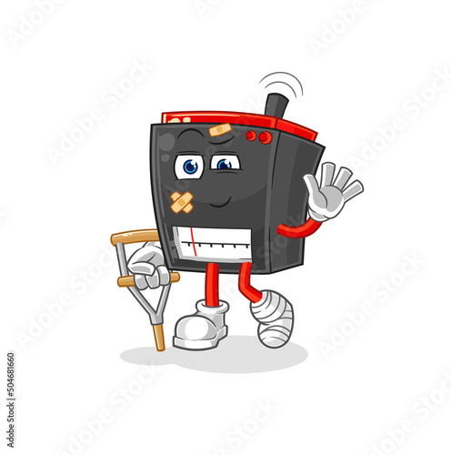 radio sick with limping stick. cartoon mascot vector