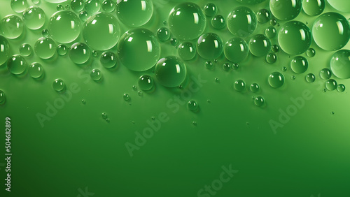 Green Background with Liquid Droplets on Surface. Contemporary Banner with Copy-Space. photo