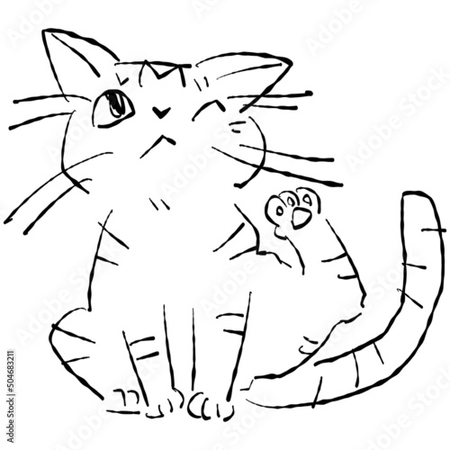 足で頭を掻こうとする 愛敬たっぷりの子猫 ベクターイラスト 線画