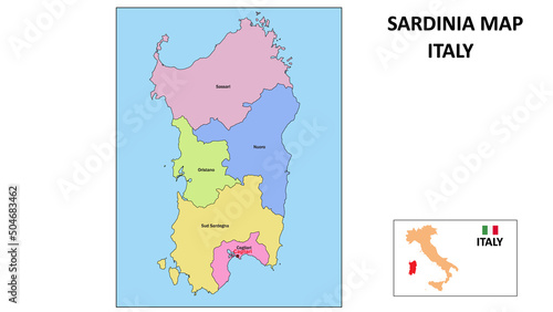 Sardinia Map. State and district map of Sardinia. Political map of Sardinia with neighboring countries and borders.