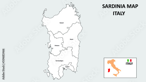 Sardinia Map. State and district map of Sardinia. Administrative map of Sardinia with district and capital in white color.