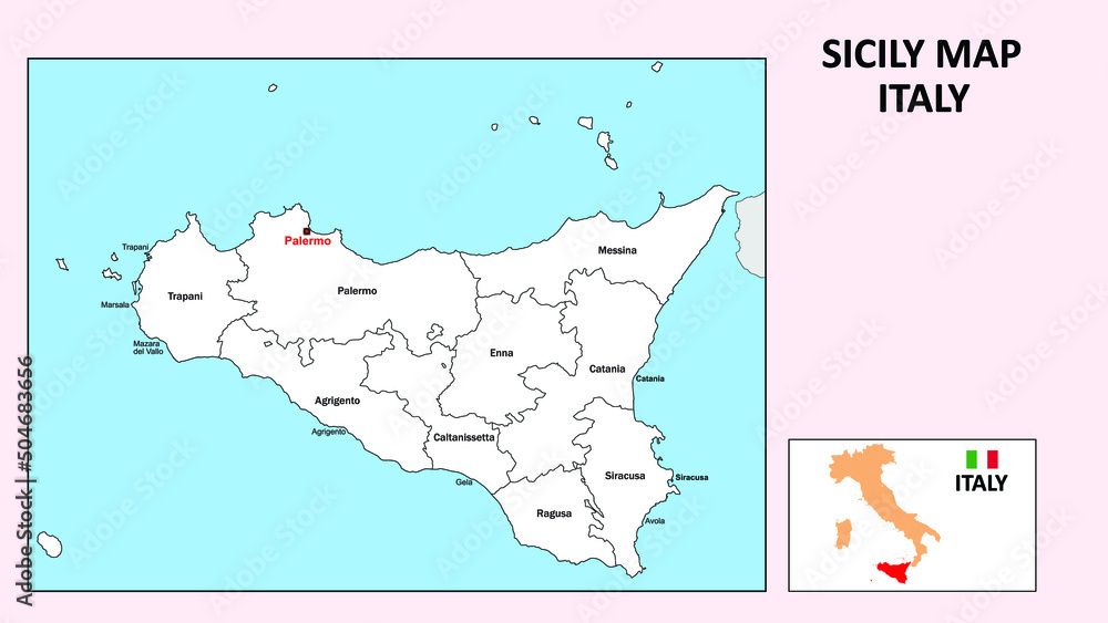 Sicily Map. Political map of Sicily with boundaries in white color.