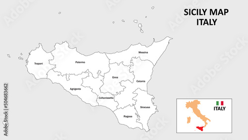 Sicily Map. State and district map of Sicily. Administrative map of Sicily with district and capital in white color.