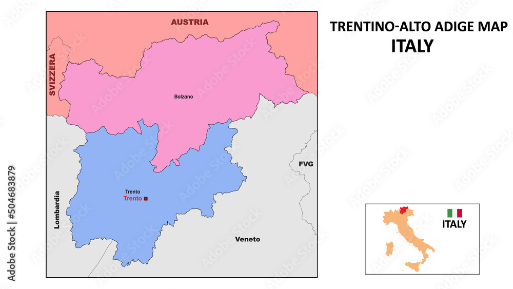 Trentino-Alto Adige Map. State and district map of Trentino-Alto Adige. Political map of Trentino-Alto Adige with neighboring countries and borders.